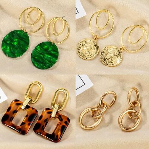 ZWC Trendy Fashion Personality All-match Girl Emerald Green Big Stud Earrings Exquisite Bohemian Metal Ladies Chain Earrings