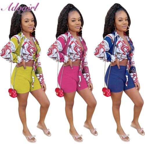Fashion Casual Womens Two-Piece Sets Autumn Long Sleeve Print Shirt + Shorts Outfits Clothes Female Tie Up Blouses Shorts Suits