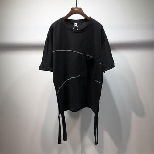 Summer Large size Diablo personalized hem split ribbon design large pocket loose tooling t-shirt mens drop shoulder T-shirt