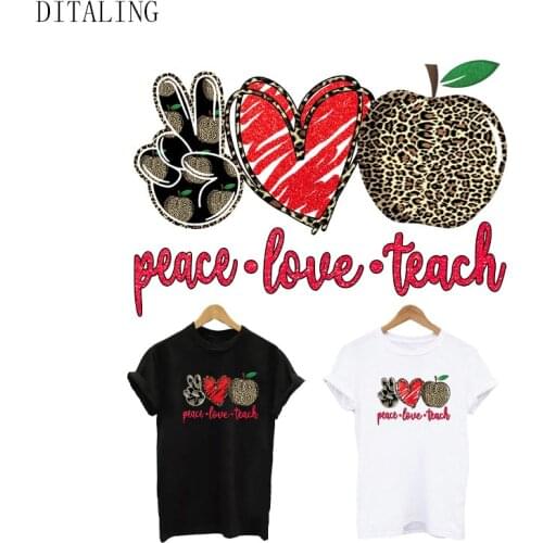 Teacher Patch On Clothing DIY Washable School T-Shirt Hoodies Heat Transfer Patch Peace Love Teach Appliqued On Clothes Stickers