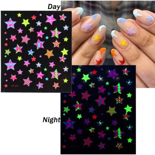 Cheap 3D Fluorescent Adhesive Nail Art Stickers Colorful Geometric Bow Ornaments Wrapped Decorative Nail Art Accessories