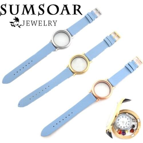 Stainless Steel 35mm Charming Locket Watch with Sky Blue Leather Bracelet can put 22mm Movements and DIY Floating Charms