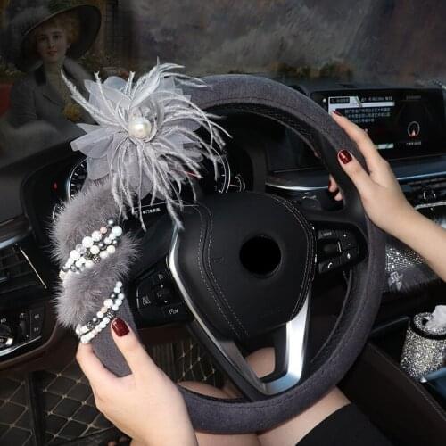 Autumn and winter Car Steering wheel Cover Pearl gray feather flower goddess Emulation mink cashmere Keep warm car Decorate