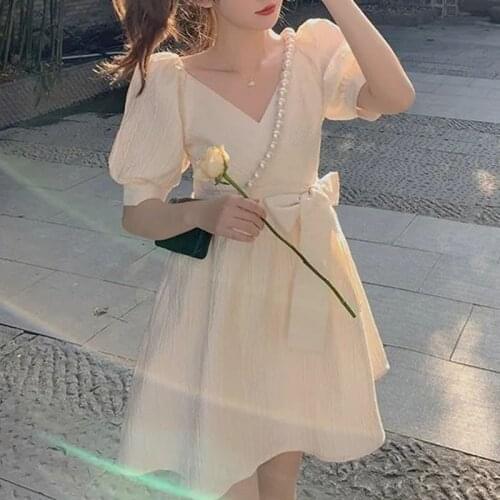 V-Neck One Piece Dress Korean Elegant Vintage Mini Dress Women Short Sleeve Kawaii Sweet Fairty Party Dress Female 2021 Summer