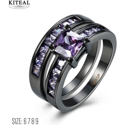 R578 New Vintage Two Band Black Rings Ring Sets Princess Cut Purple CZ Cubic Zirconia Engagement Jewelry for Women R687