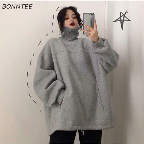 Sweatshirts Women Casual Fashion Pure Autumn Hoodies Daily Thicker Chic Female Simple Turtleneck Korean Style College All-match