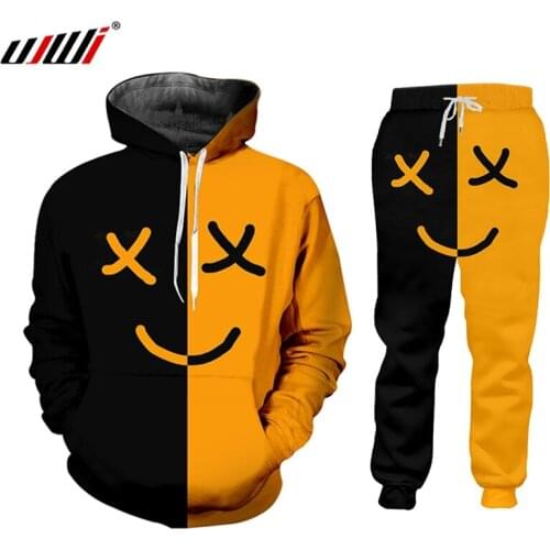 UJWI Brand Harajuku 3D Digital Print Half Design Smiley Mens Tracksuit Sports Suit Support Dropship Hoodie Trousers 2020