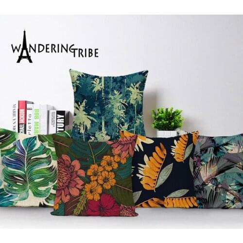 Green Pillow Vintage Decorative Cushion Covers Flower Floral Colourful Living Room Cushions Tropical Jungle Leaves Fabric Kissen