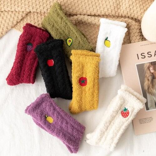 Winter Cartoon Fruit Coral Velvet Women Socks Sweet Cute Plus Velvet Thick Candy Color Harajuku Girl Floor Socks Women Set Gifts
