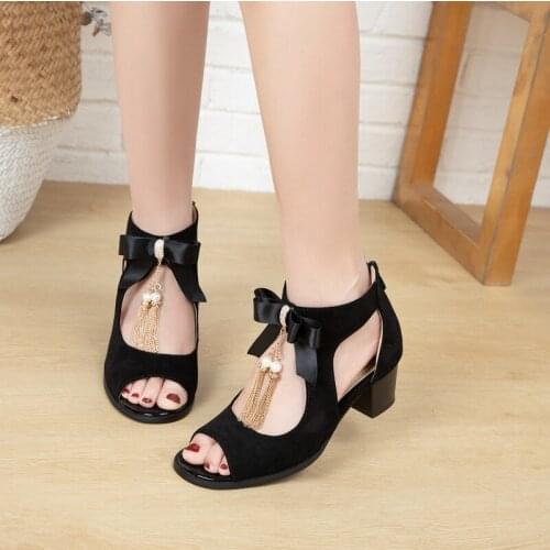 PQECFS big size 32-48 med quality summer fashion women flock buckle Front & Rear Strap pointed toe med heel sandals 3 colors