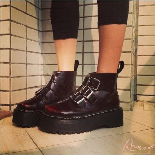 Masorini Women British Style Boots Belt Buckle Ankle Boots Girl Zipper Platform Ankle Motorcycle Boots Shoes 35-39 W-358