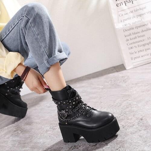 Size 42 Boots For Women Fashion Black Rivet Chain Motorcycle Boots Punk Boots Fall Lace Up Ankle Boots Platform Shoes Femme