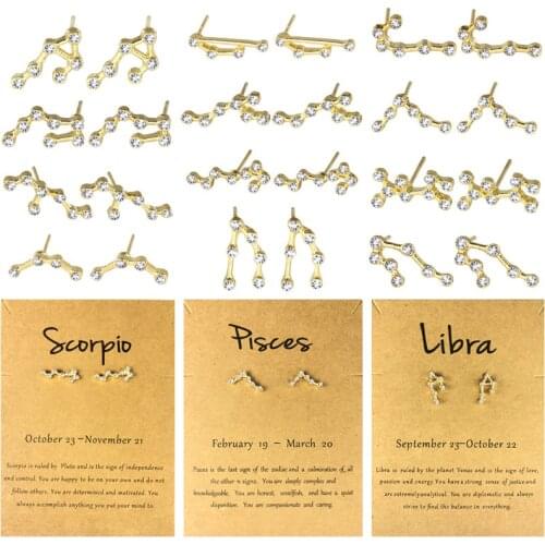 Crystal Zodiac Sign Stud Earrings For Women Gold Color Small Earrings 12 Constellation Horoscope Earring Jewelry