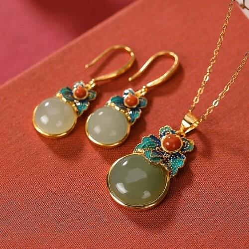 925 sterling silver gold plated cloisonne gray jade pendant vintage peace buckle womens earrings eardrop earring