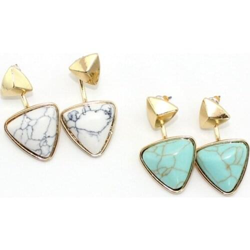 Big Blue Stone Triangle Metal Jacket Earrings for Women