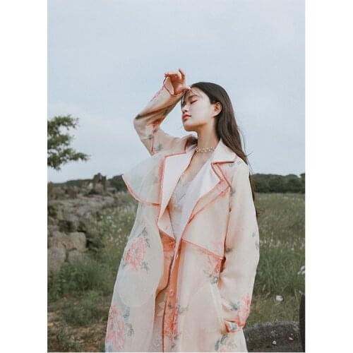 Autumn "Women Spring New Vintage Sweet Organza Pink Long Trench Ladies Casual Loose Floral Print Mori Girl Outerwear Coat