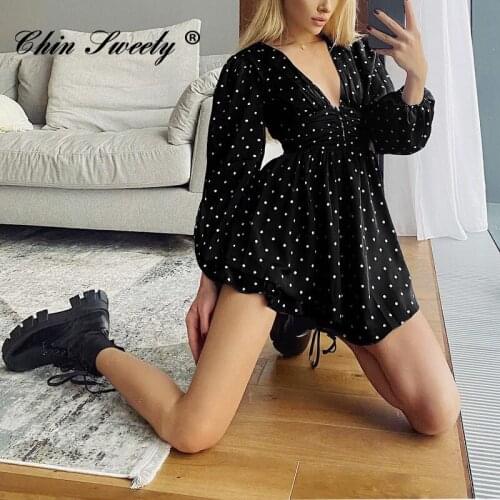 Lantern Long Sleeve Dot Print Women Mini Dress Deep V-Neck High Waist Female Dresses 2021 Trend Spring New Sweet Ladies Clothes