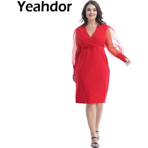 2021 Womens Plus Size Mesh Patchwork Casual Dresses Long Puff Sleeve Deep V Neck High Waist Knee Length Dress for Party Wedding
