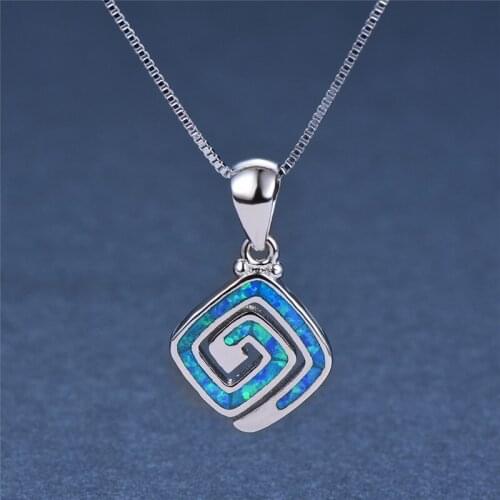 Creative Geometric Spiral Pendant Necklace Female Luxury Blue Opal Stone Necklace Vintage Silver Color Chain Necklaces For Women