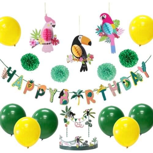 9pcs Jungle Theme Kids Birthday Party Decoration Haning Banner Tropical Bird Honeycomb Ball Latex Balloons Summer Party Supplies