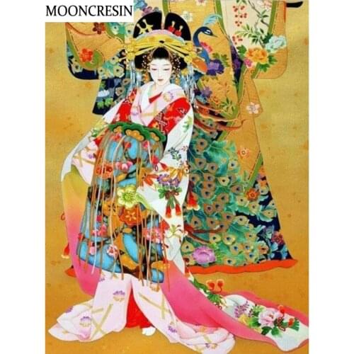 5D Diy Diamond Painting Cartoon Japanese Woman Diamond Embroidery Peacock Full Square Mosaic Painting By Numbers Decoration Home