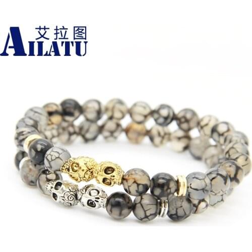 Ailatu Brand Jewelry Natural Grey Dragon Veins Stone Beads with Skull Bracelet for Men and Women