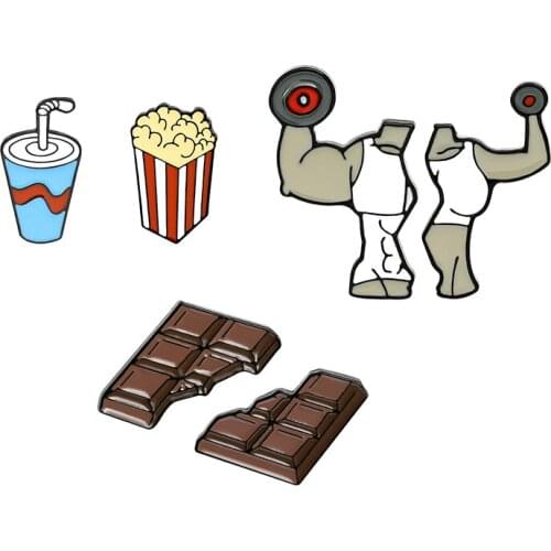 Fitness Enamel Pin Custom Chocolate Soda Popcorn Brooches Shirt Lapel Backpack Cartoon Badge Sports Jewelry Gift for Friends