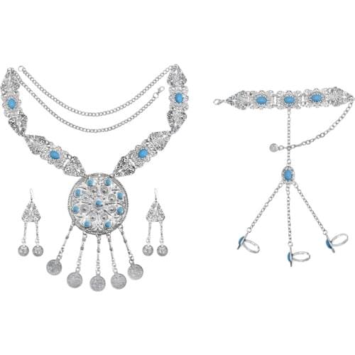 Gypsy Red Blue Stone Necklaces Earrings Bracelets Sets for Women Boho Coin Tassel Jewelry Sets Turkish Tribal Party Gift