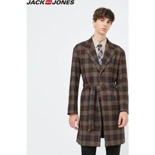 JackJones Mens New Arrival Business Casual Plaid Waist Belt Mid-length trench coat Jacket| 219321517
