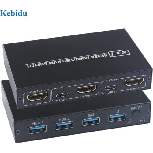 KEBIDU 4Kx2K Ultra HD Metal Case 4 Input 1 Output KVM Switch 2 x1HDMI 2.0 Screen Switcher Shared Keyboard and Mouse AM-KVM201CL
