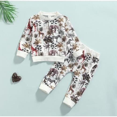 FOCUSNORM 0-4Y Autumn Infant Baby Boys 2pcs Clothes Sets Forest Animal Printed Long Sleeve Pullover Tops Trousers Pants