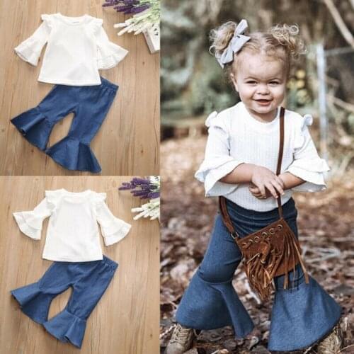 Newborn Baby Girls Outfits Sets White Trumpet Sleeve Top+Flared Trousers Pants