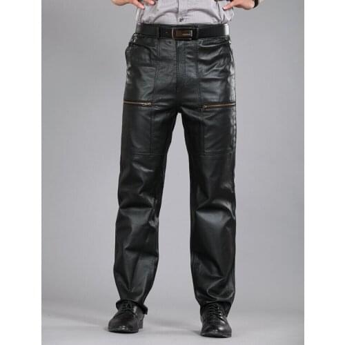 30-40 Mens Plus Size Genuine Leather Sheepskin Leather Pants Motorcycle Pants Straight Cotton Warm Sheepskin Leather Trousers