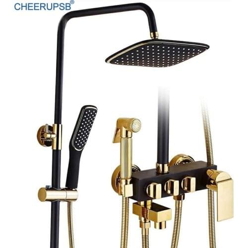 Bathroom Black Brass Shower Set Wall Mount Rainfall Mixer Tap Round Rain Top Spray Bath Faucet Luxury Shower System with Bidet