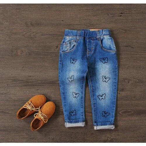 New Cotton Jeans Baby Girls Fashion Denim Jeans Girls Butterfly-embroidery Jeans Kids Spring Autumn Trousers Child Long Pants