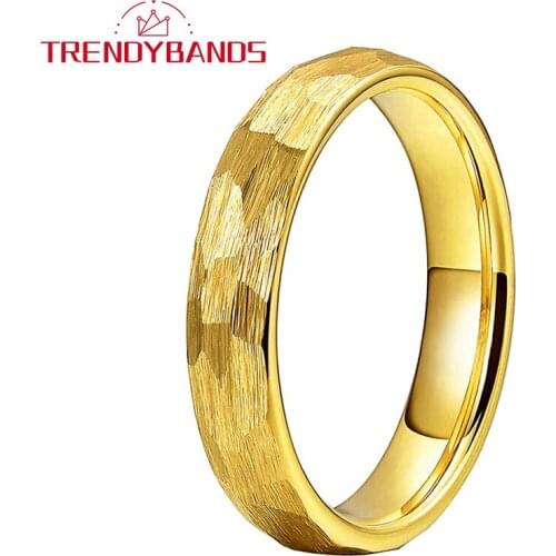 4MM Gold Hammered Tungsten Rings Wedding Bands For Men Women Domed Brushed Finish Comfort Fit
