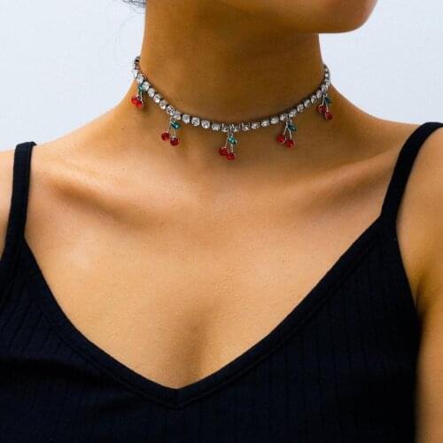 Korean Charms Crystal Cherry Pendant Necklace For Women Vintage Y2K Punk Harajuku Fruit Choker Necklace 90s Jewelry Gifts New