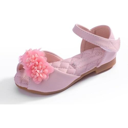 Girls Peep Toe Microfiber Leather Flat Heel Sandals Flower Girl Shoes With Beading Flower Hollow-out Princess sandals