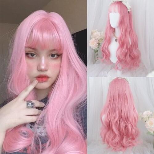 GAKA Synthetic Pink Hair Curly Cosplay Wigs With Bangs for Women African American Heat Resistant Fiber Hair