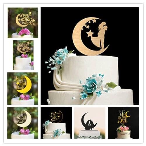 Moon Star Wood / Acrylic Wedding Cake Topper Bride and Groom Topper Wedding Cake Decorating Love You to the Moon and Back