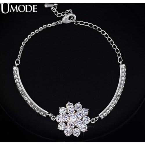 UMODE Rhinestones Cup Chain and 16 Pcs Glittering Cubic Zirconia Flower Bracelet White Gold Color Jewelry for Women UB0040B