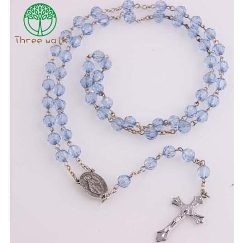 Vintage Blue Glass Bead Catholic Rosary Necklace Religious Father Beads Holy Soil Inside Centerpiece Maxi Strand Necklace