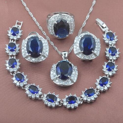 Vintage Blue Cubic Zirconia Jewelry Set For Women Party Jewelry Silver Color Earring Necklace Pendant Rings Bracelet YZ0240