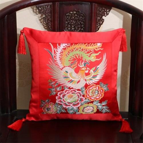 Embroidered Phoenix Sofa Cushion Cover Waist Pillowcase with Tassels Classical Chinese Style Pillow Cover Decorative Bed Car