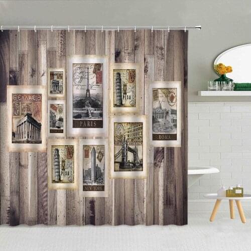 World Famous Building Stamps Shower Curtain Old-fashioned Wooden Striped Backdrop Waterproof Fabric Bathroom Decor Curtains Set