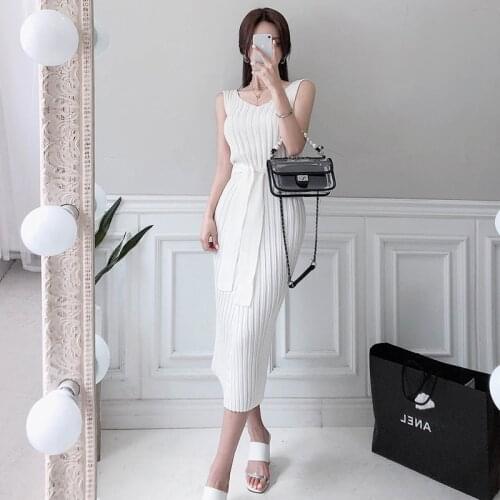 2021 Summer New Fashion Stretch Solid Women Dress Sleeveless Chic Knitted Bodycon Ladies Dresses Elegant party long dress