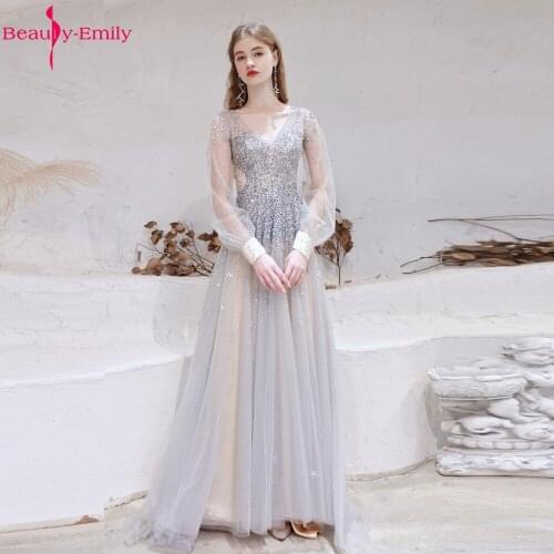 Beauty Emily Sexy V Neck Sequined Women Evening Dress 2021 Charming Open Back Lace Long Sleeve Party Dress with Long Train