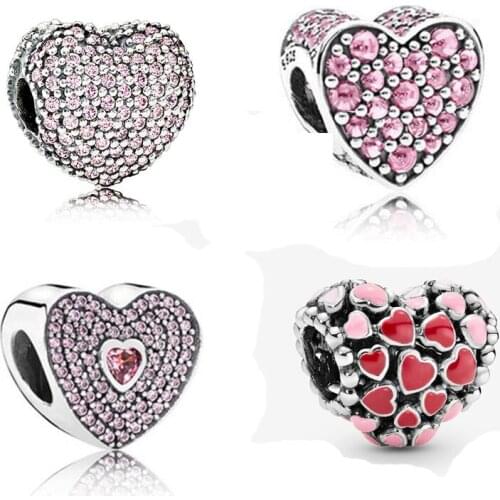 100% Real 925 Sterling Silver Pink CZ Multi Style Heart Charms Knotted Charm Beads Fit Original Pandora Charms Bracelet Jewelry