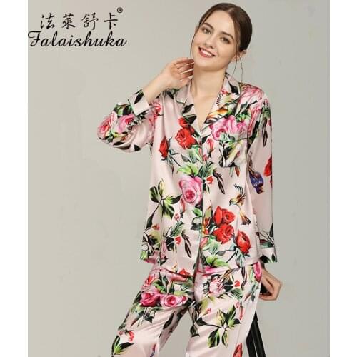 19 Momme 100% genuine silk pajamas sets women sleepwear Korean Elegant Flowers fashion Mulberry Silk womens pyjamas T8127_ZB