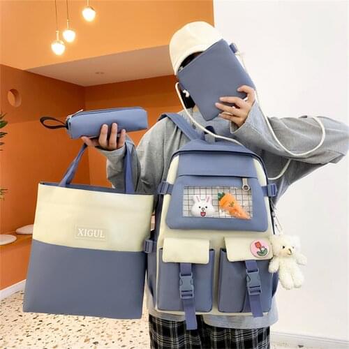 4 Pcs Sets Nylon Women Backpack Fashion Kawaii Waterproof Rucksack for Teen Girls School Bag Cute Student Bookbag Travel Bagpack